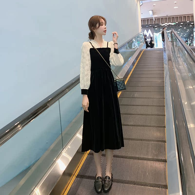 法式赫本风长袖连衣裙女春季2025新款收腰显瘦气质丝绒黑色中长裙