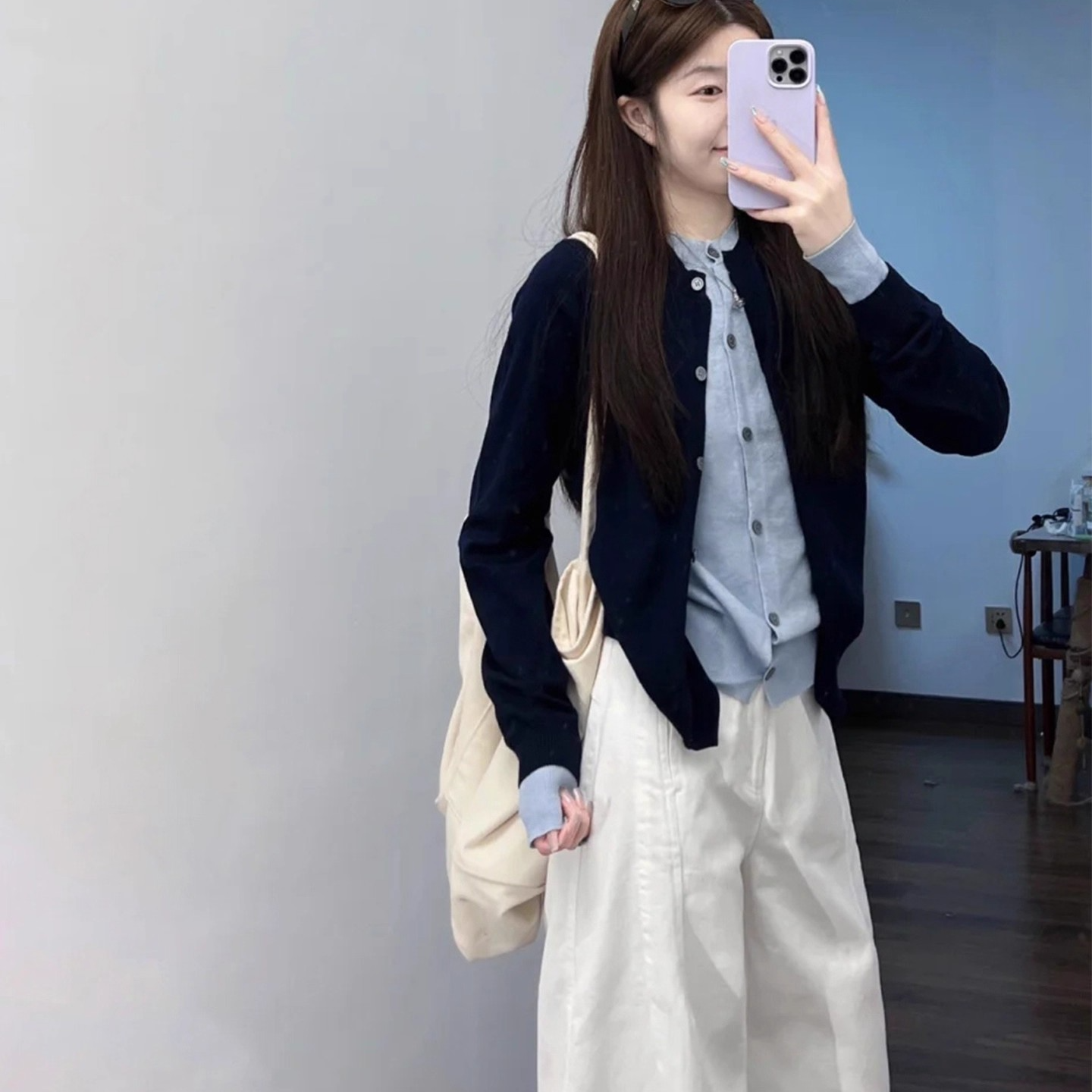 学院小香风蓝色针织开衫假两件女2025新款早秋韩系穿搭高级感外套