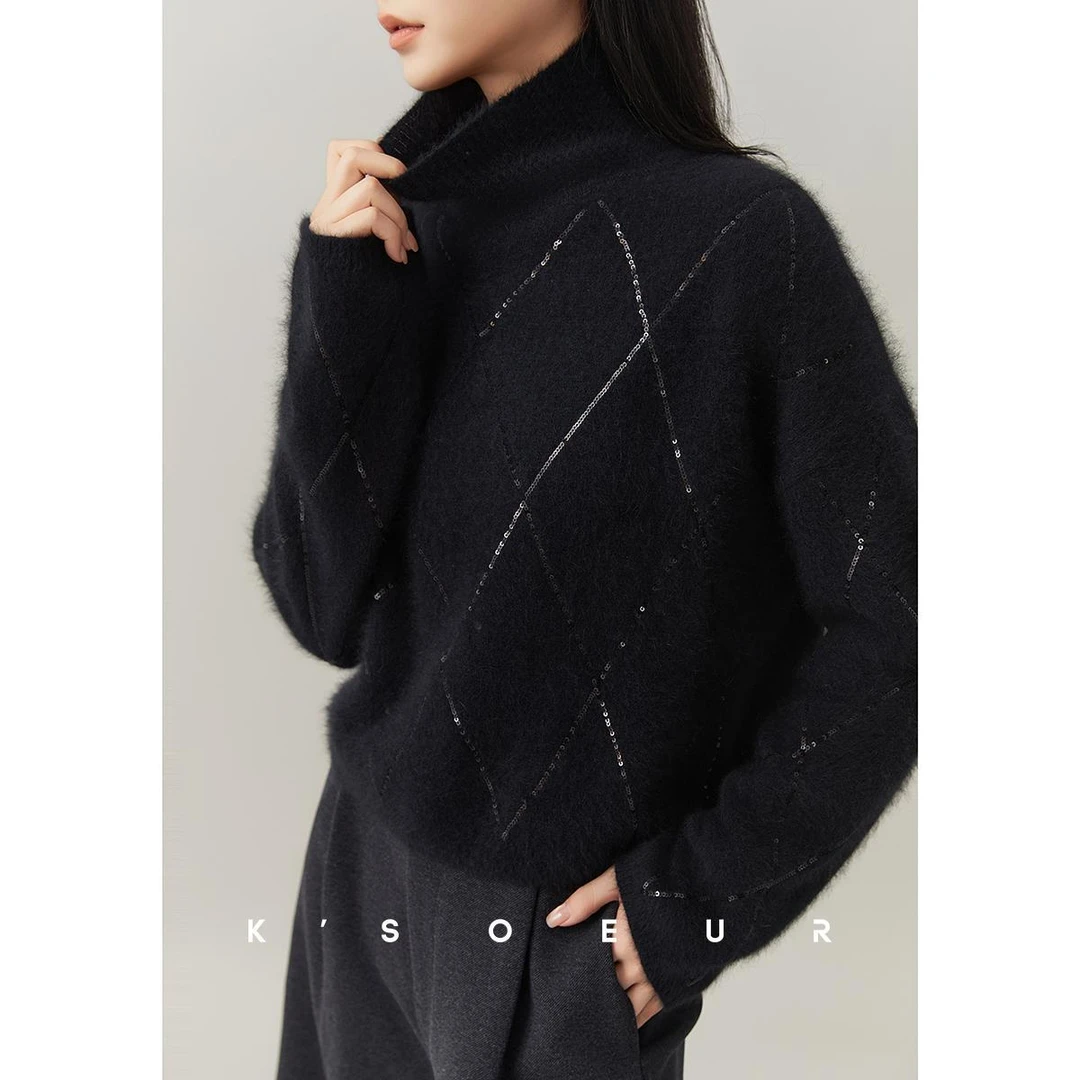 100%纯山羊绒拉绒进口德国珠片菱形格宽松堆堆高领针织衫