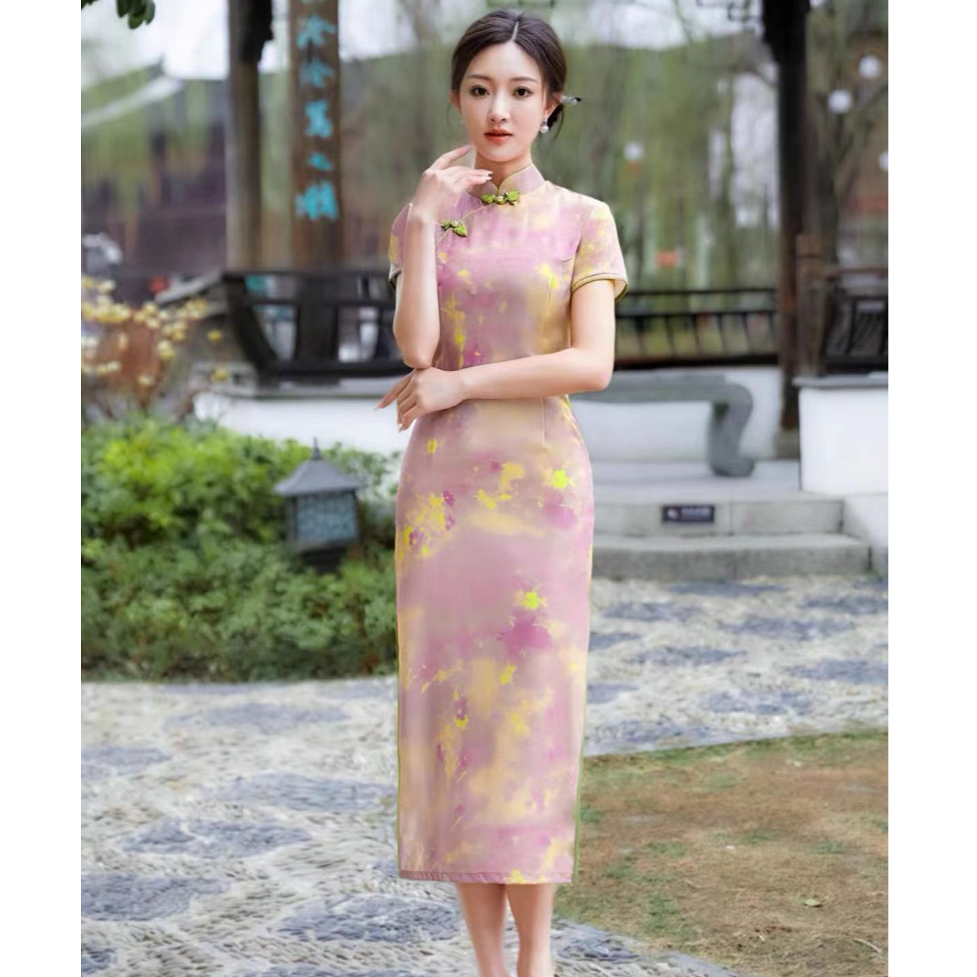 3860-粉紫色 水墨 草莓扣 改良 旗袍