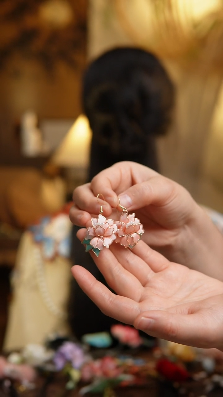 木非遗绒花工艺牡丹耳环A1