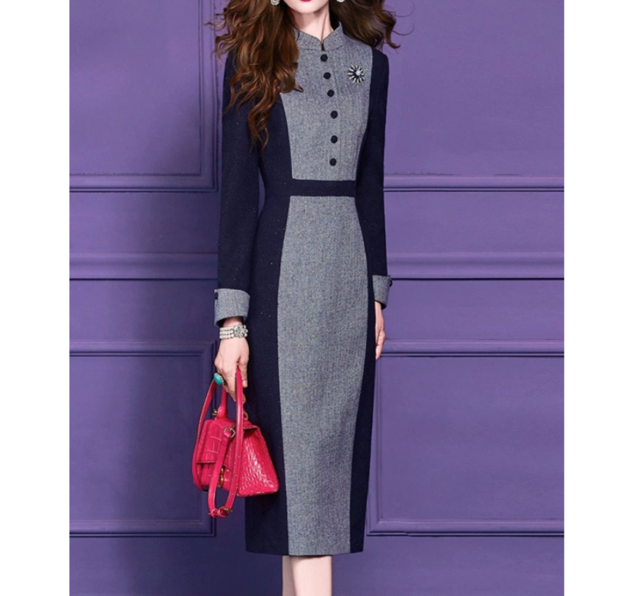 8075复古高端立领修身气质裙子撞色连衣裙