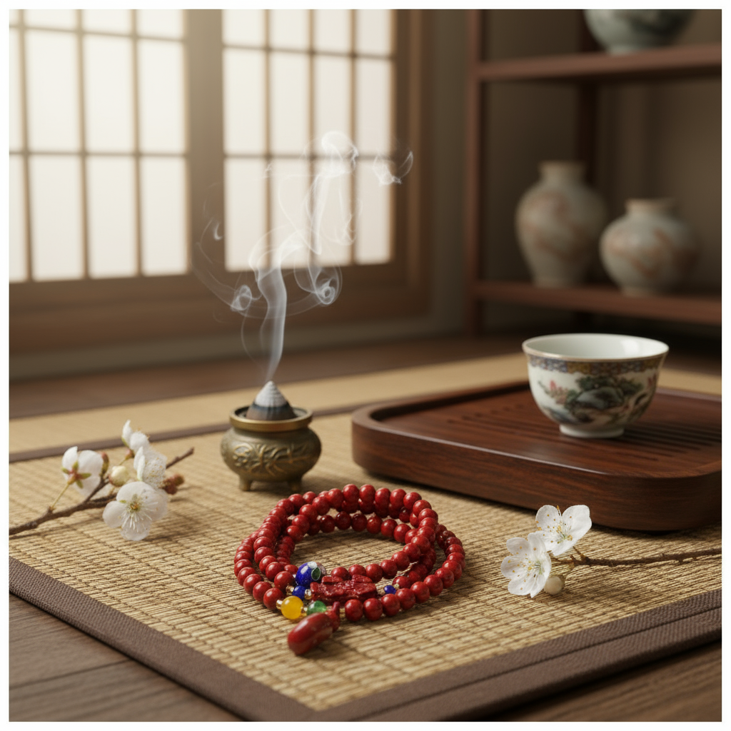 天然辰砂招财貔貅平安扣带绣球朱砂多圈079（无礼盒）