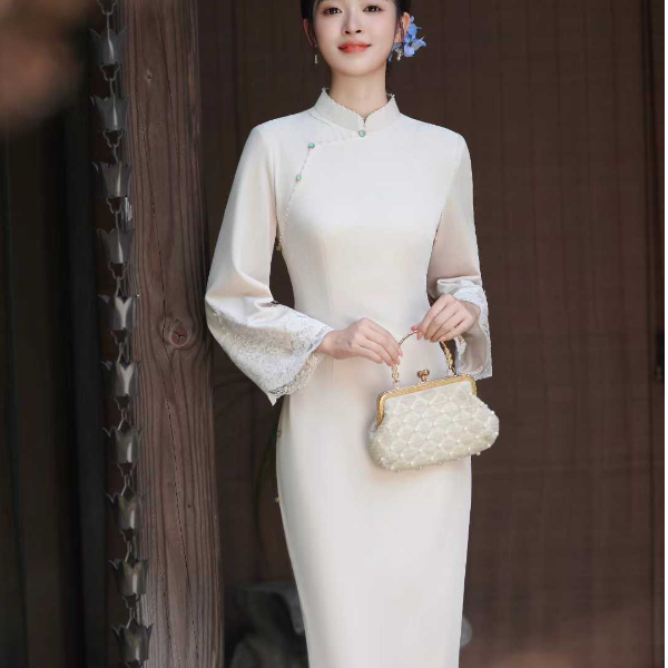 觀南集【如玉】秋冬新款丝绒双层手工钉珠蕾丝订婚领证拉链旗袍130