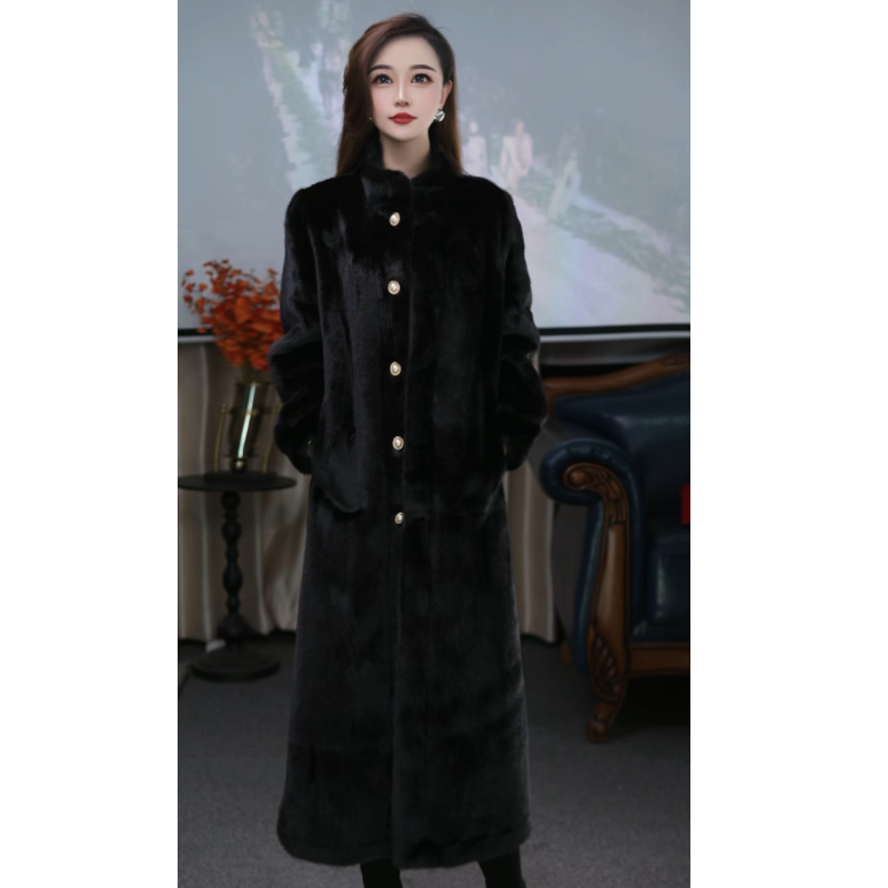 820长款立领泡泡袖女士长款偶貂绒外套立领保暖女士外套
