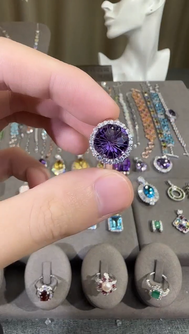 银S925镶嵌戒指紫晶10mm戒指简约设计款
