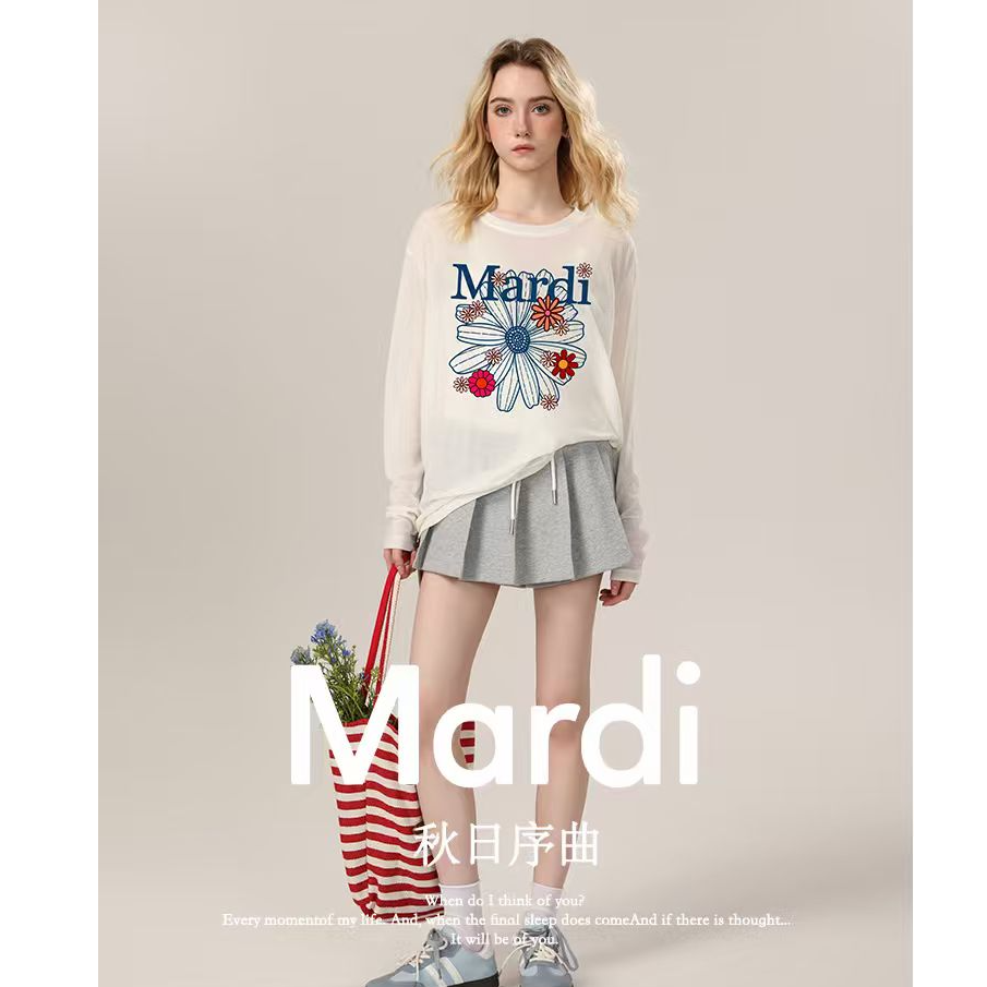 Mardi秋季服装新款圆领长袖外穿繁花T恤外穿罩衫百搭休闲设计感
