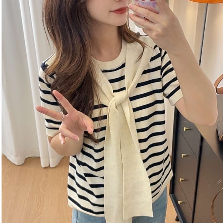 假两件针织披肩条纹T恤女2025夏季新款韩系气质短袖薄款百搭上衣