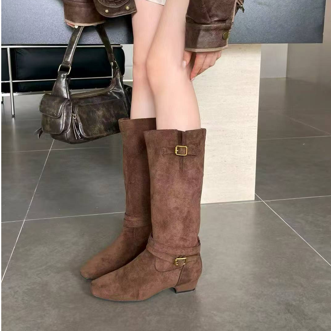 靴子【薇薇绮】时尚磨砂面短靴牛仔靴方头粗跟2025新款 E215