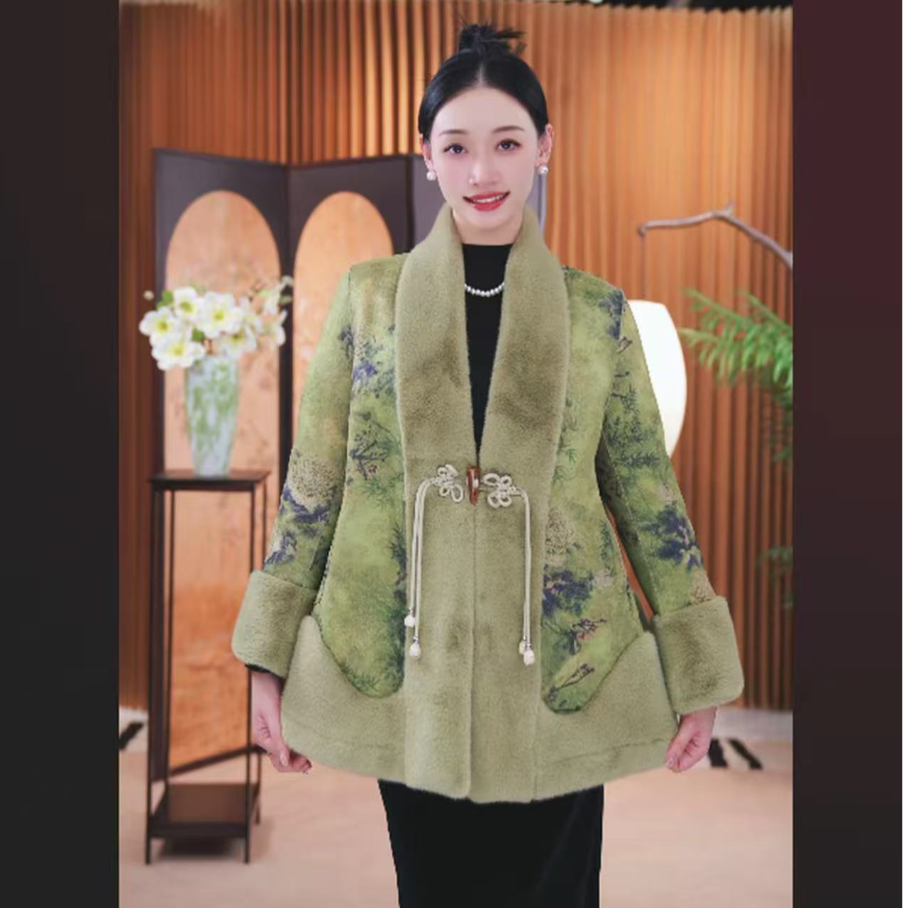 【国风古韵】冬季保暖中长款印花短外套时尚设计师重工