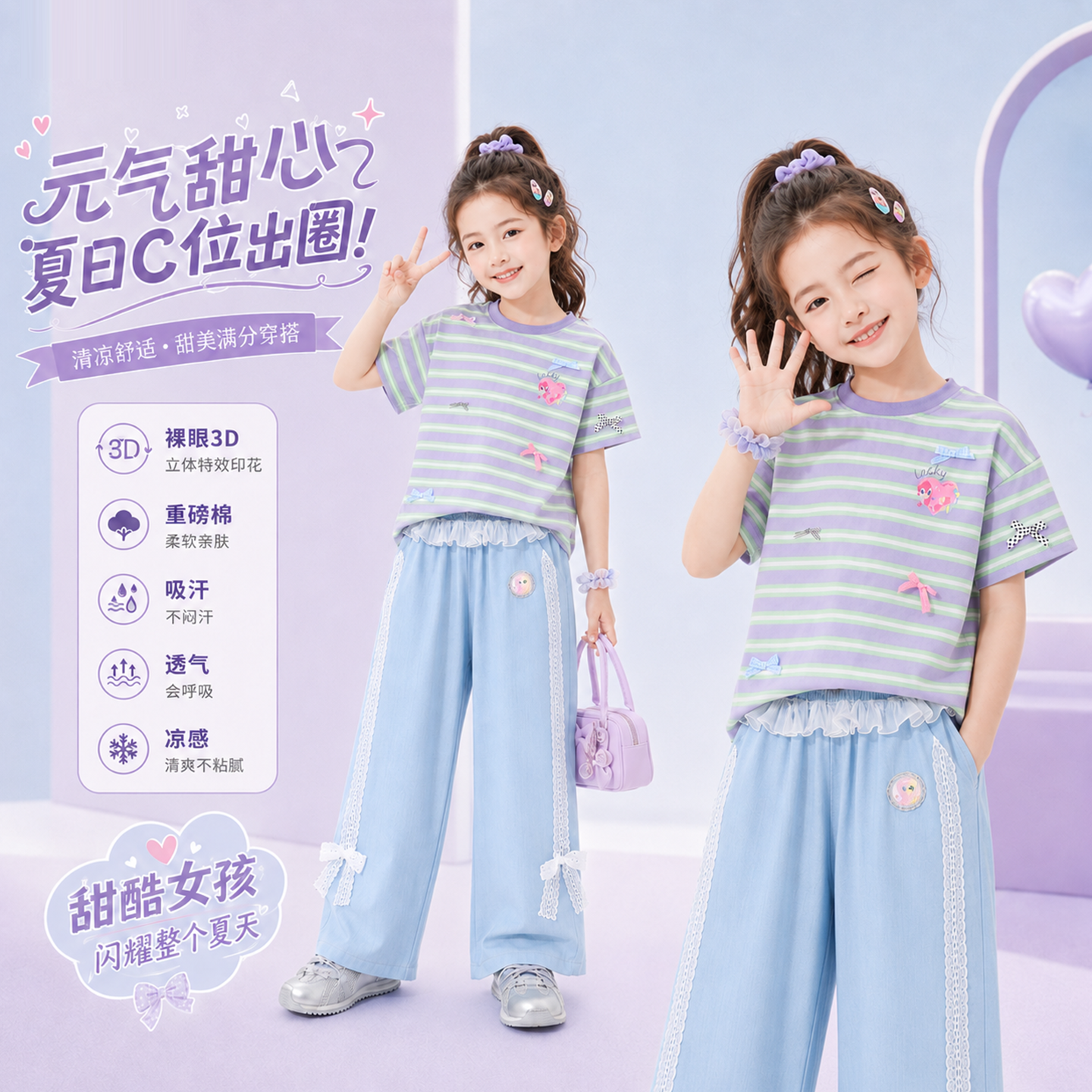 小马宝莉女童套装【小树梨】2026夏季新款立体蝴蝶结短袖T恤套装-Z