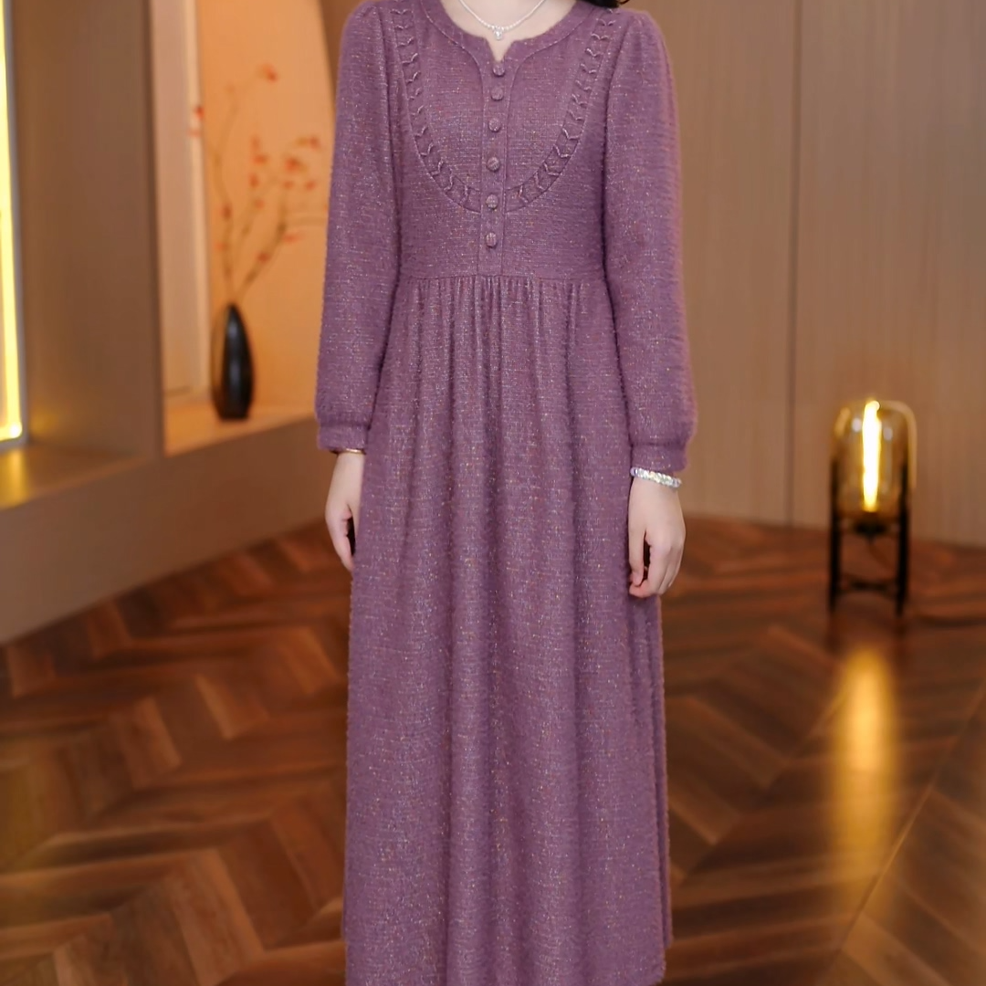 秋冬中长裙大码连衣裙加厚显瘦中长款连衣裙9501