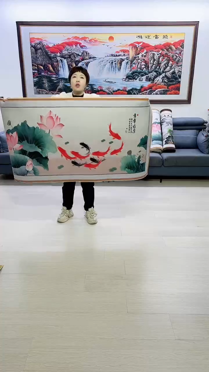 横款荷花九鱼图80*160