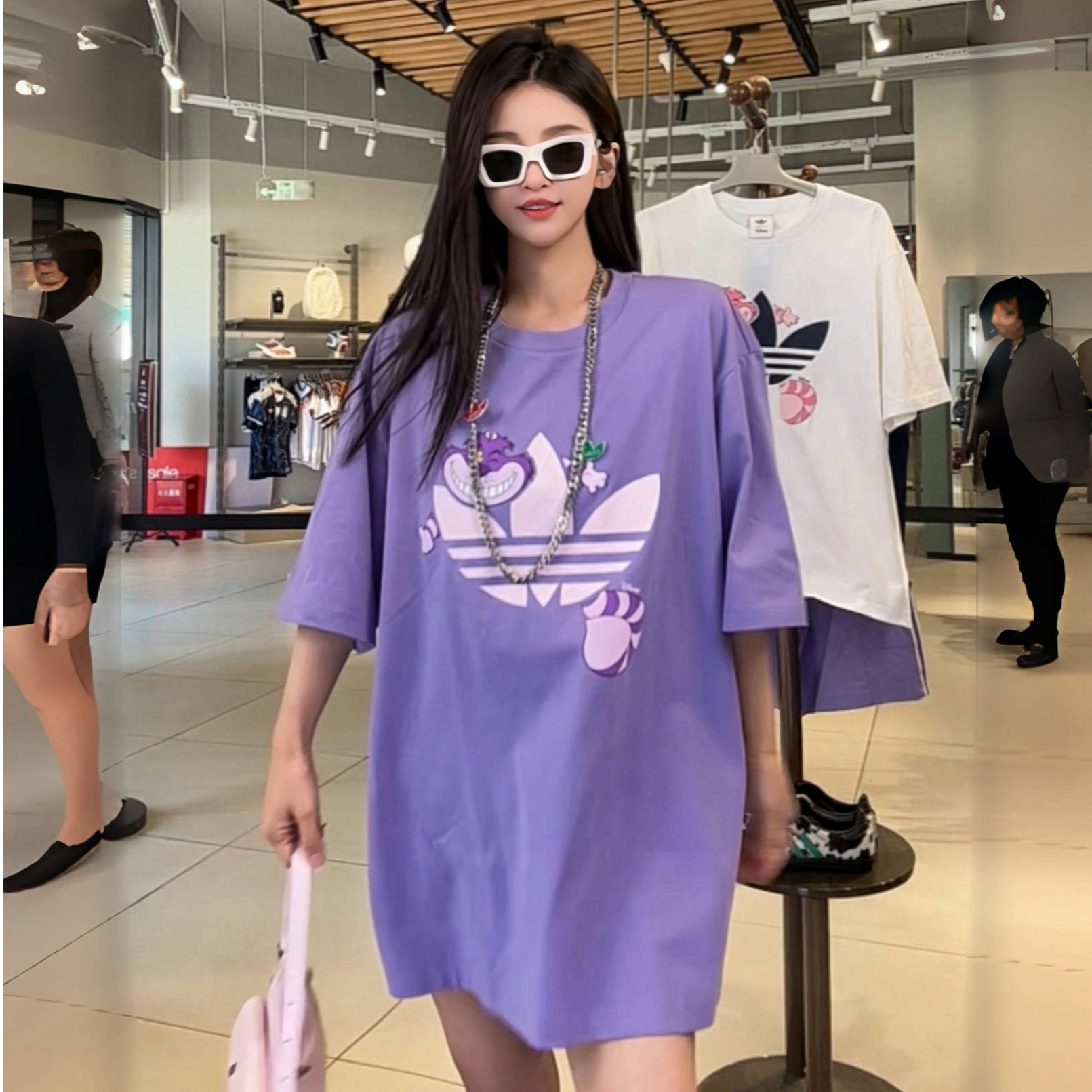 adidas/三叶草迪士尼柴郡猫联名情侣款时尚百搭运动短袖T恤KY8306