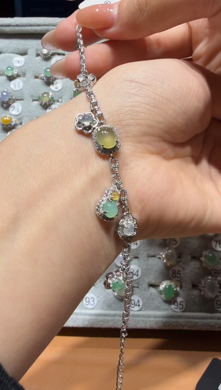 银S925镶嵌手链翡翠925银镶缅甸A货翡翠手链