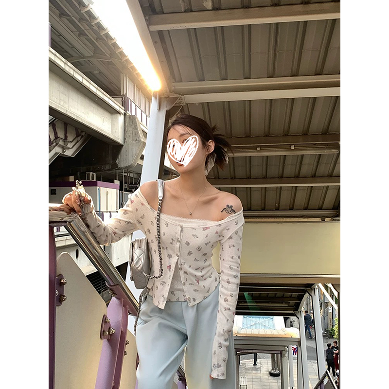 春季时尚露肩印花修身收腰针织开衫气质百搭吊带背心开衫套装3336