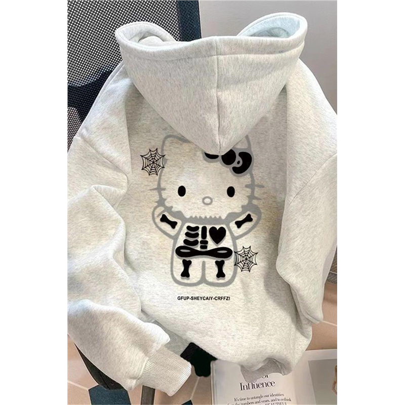 美式凯蒂猫卡通加绒加厚连帽卫衣女学生秋冬季宽松ins情侣外套潮