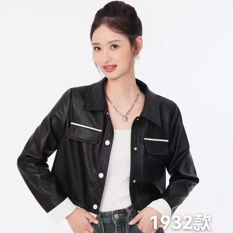 023时尚小众设计感撞色皮衣夹克高级感休闲百搭短外套女