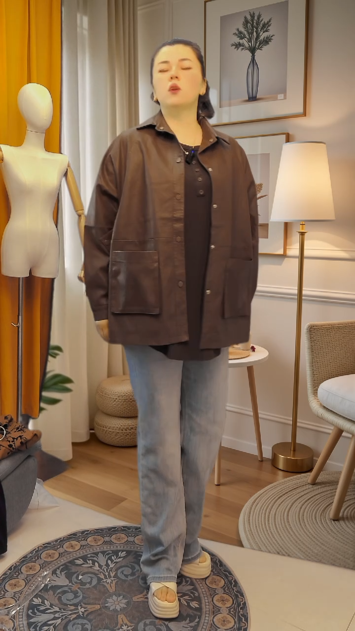 女款春款长袖皮衣 咖色 XL 158.9
