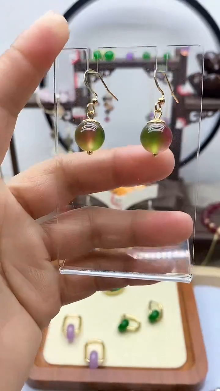 【闪购商品】西瓜碧玺耳饰银S925镀金镶嵌42