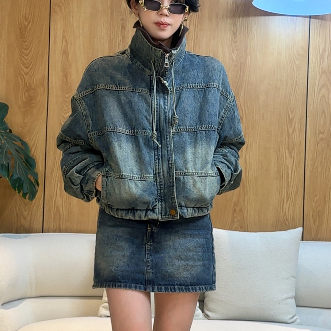 LIXIU-C设计感立领深咖色针织翻领可拆卸女短款牛仔棉服