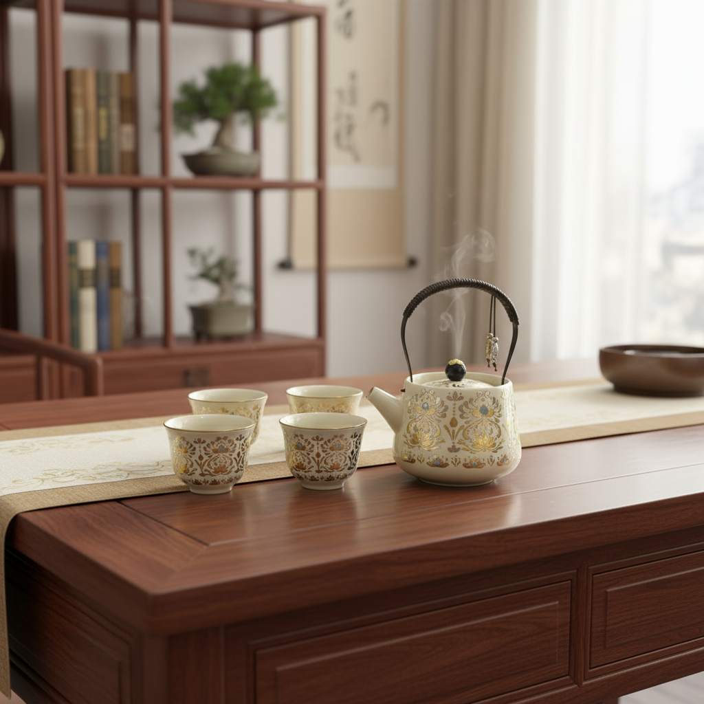 山海明珠（金）一壶 六杯+茶盘户外便携式家用旅行茶具（家用款)