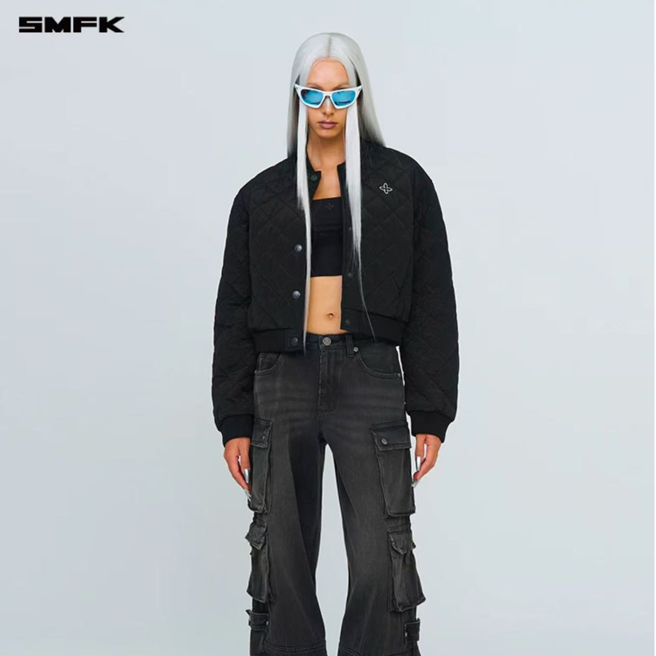 SMFK罗盘徽章复古棒球棉服CG007B1/W1潮流刺绣短款保暖黑白夹克