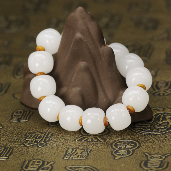 天然新疆金丝玉精美白色玉手串单圈隔珠老型桶珠男士女款多宝Y613