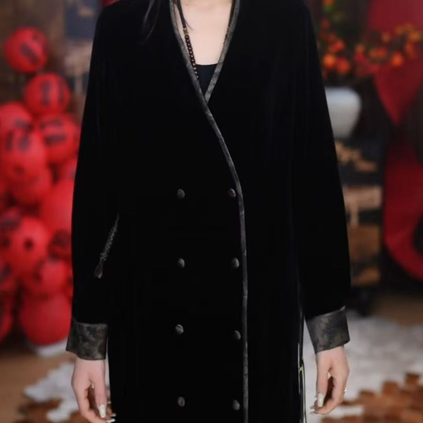 【晚芯】长款时尚气质黑色休闲透气拼接宽松复古长款半裙