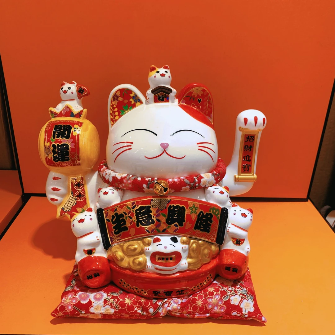 红色招财猫摆件电动摆手精品陶瓷乔迁家居 DPL