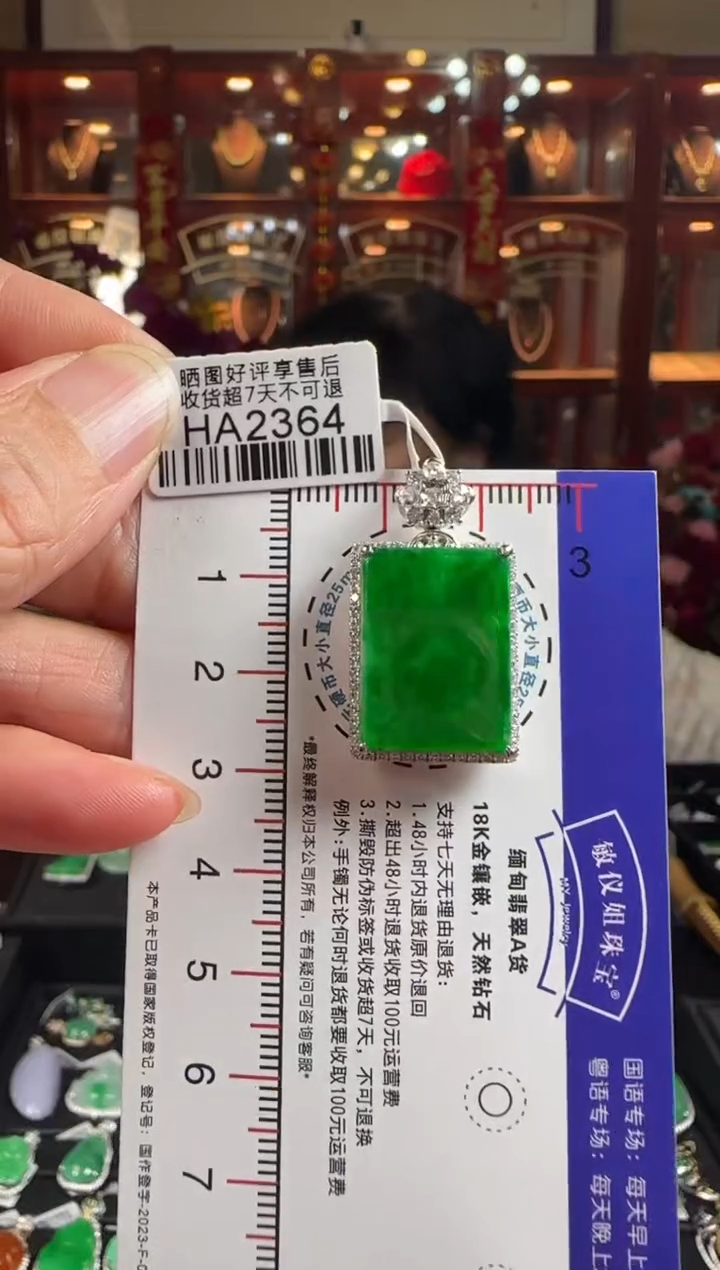 【闪购商品】翡翠颈饰18K金镶嵌HA2364冰辣绿无事牌