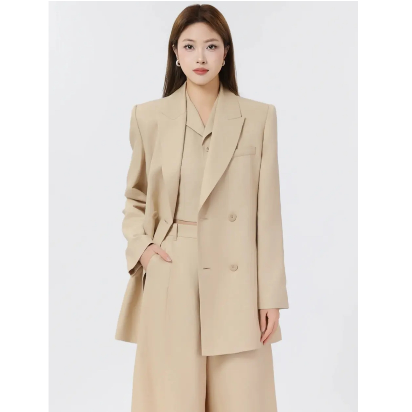 AMASS/阿玛施简约通勤开衩新中式西装长款收腰亚麻西服外套540005