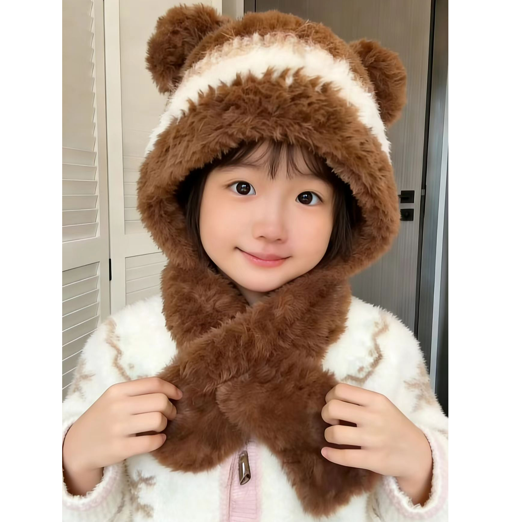 小熊帽子围巾DIY材料包仿貂绒皮草水貂绒毛线猫耳帽手工珊瑚绒