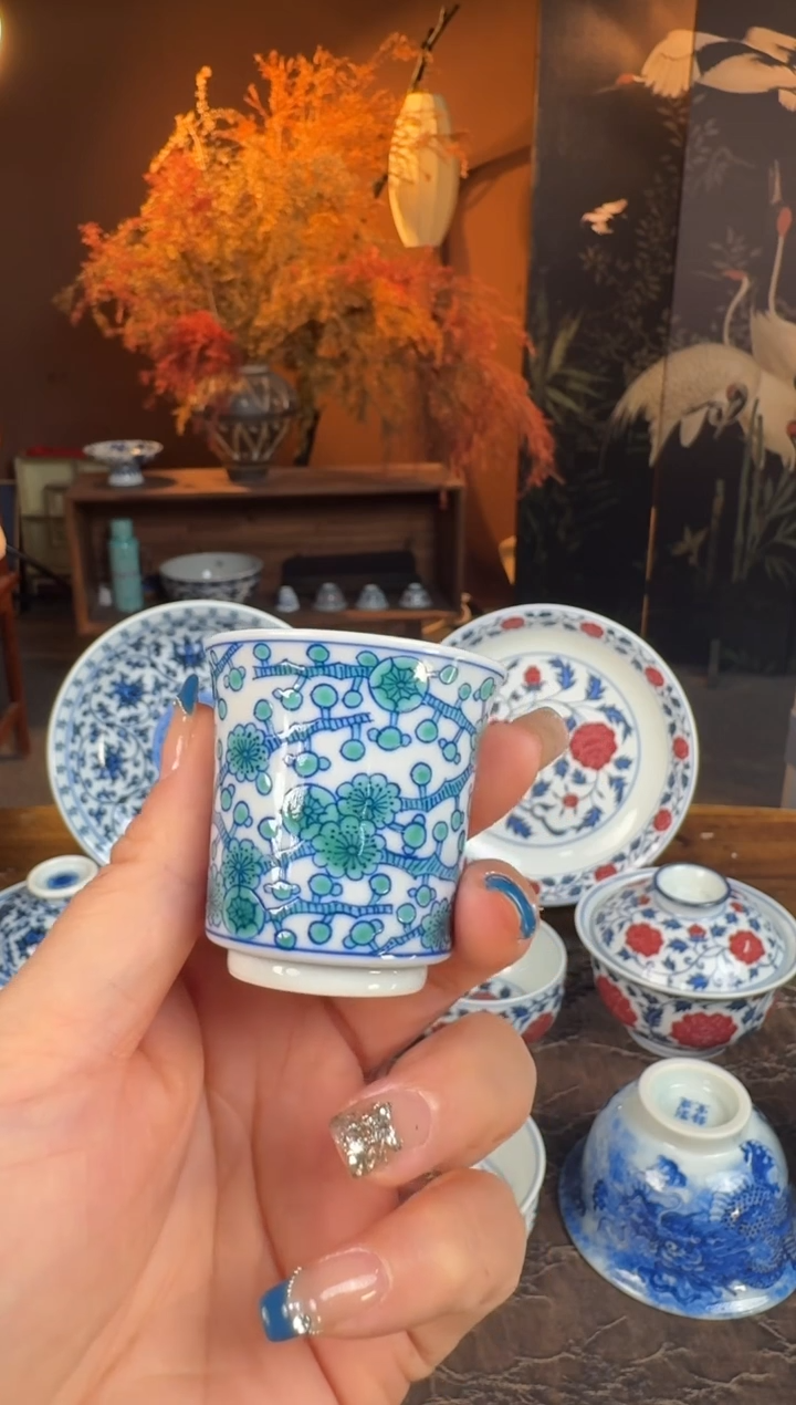 杯子空山明月水料斗彩绿梅小杯