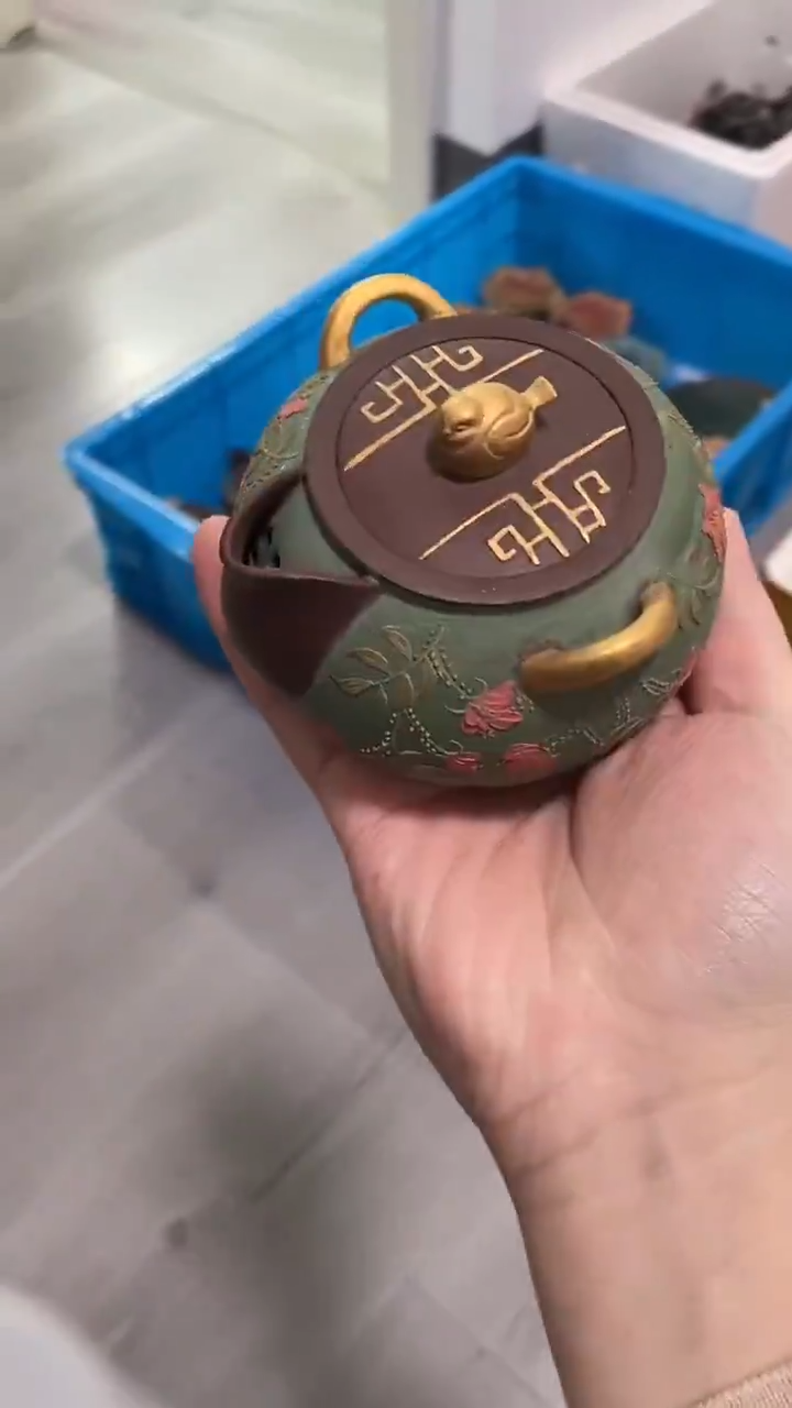 茶壶紫砂绿色胖鸟手抓壶微瑕