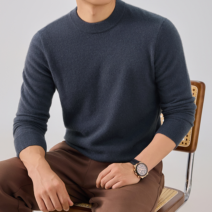 【100%山羊绒】圆领羊绒衫中厚款纯羊绒针织毛衣纯色打底衫男士冬季