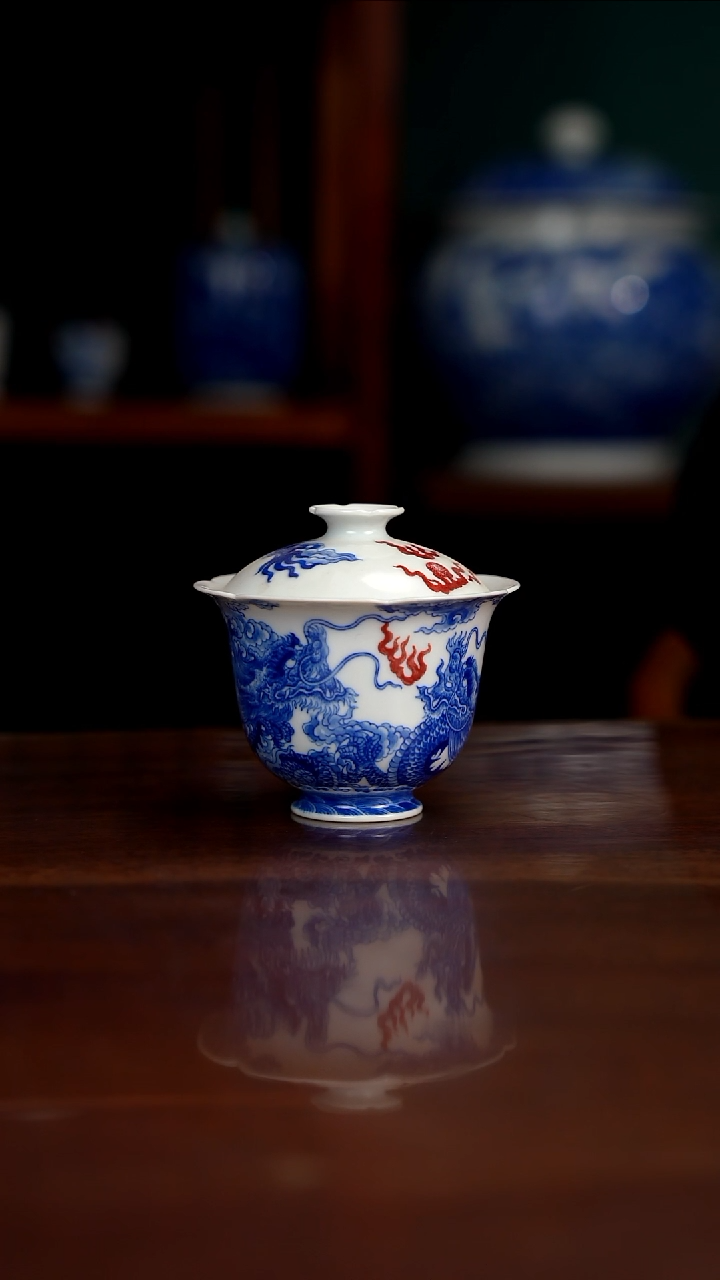 自成堂柴窑 双龙盖碗