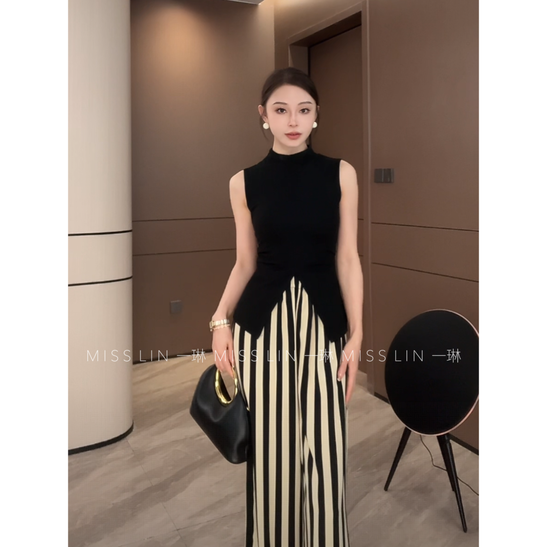 一琳【小众条纹裤】夏款宽松垂感休闲夏季条纹长裤XMZH7973黑色显瘦