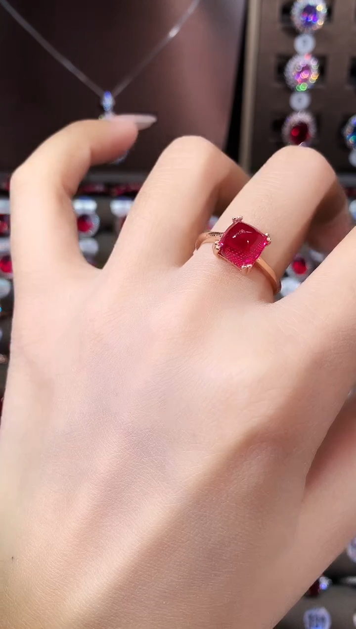 银S925镶嵌戒指红宝石8糖塔玫瑰金