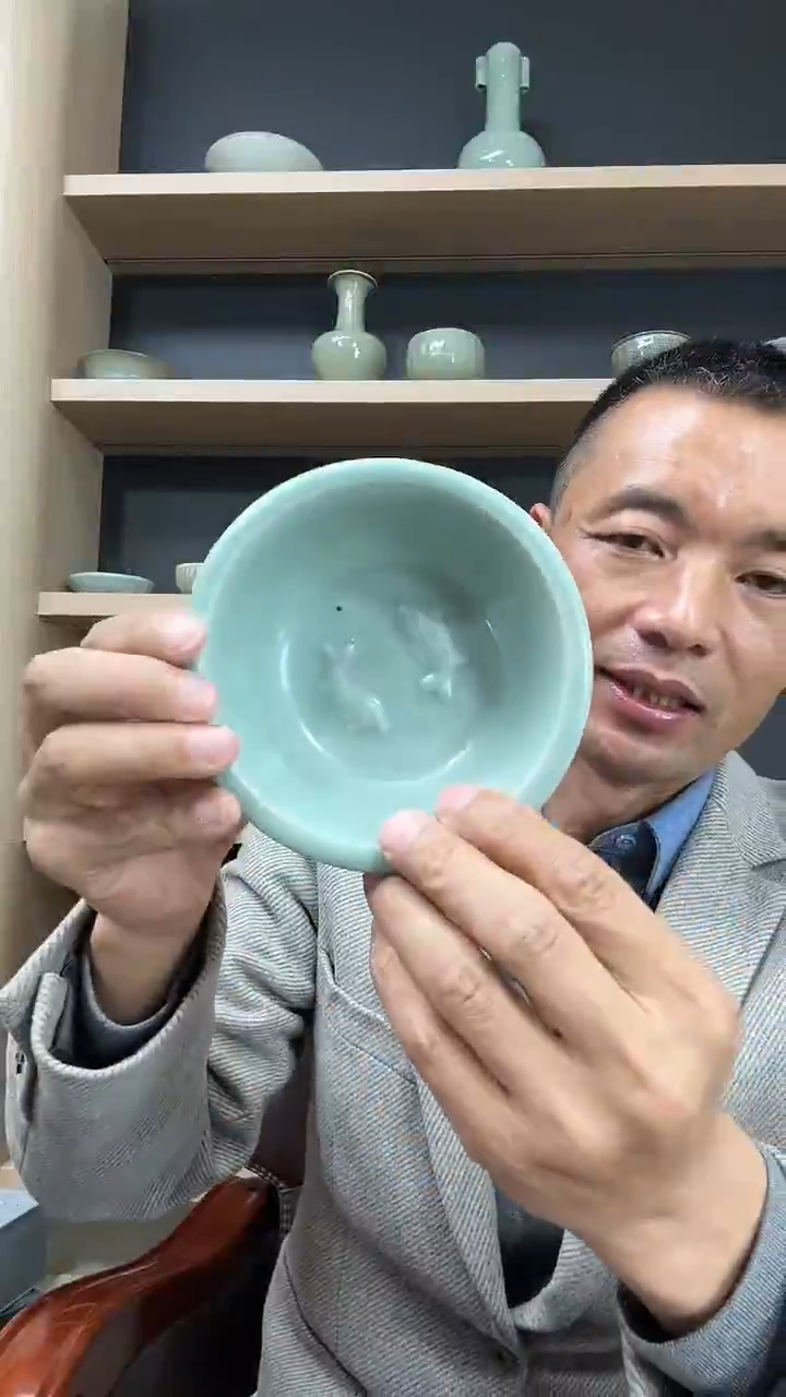 摆件陶道**然龙泉青瓷双鱼洗小瓢