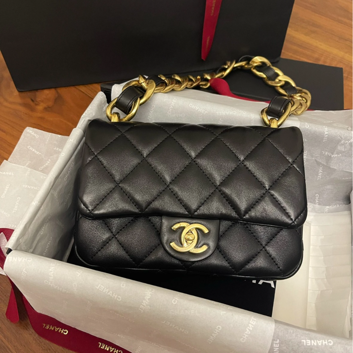 99新 Chanel/香奈儿 黑金粗链条cf单肩包B6676寄卖服务