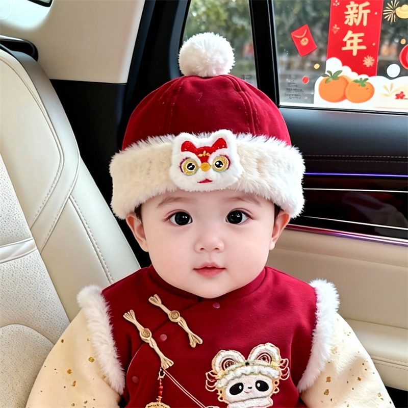 宝宝帽子秋冬季加厚红色新年可爱醒狮儿童地主帽保暖婴幼儿毛绒帽