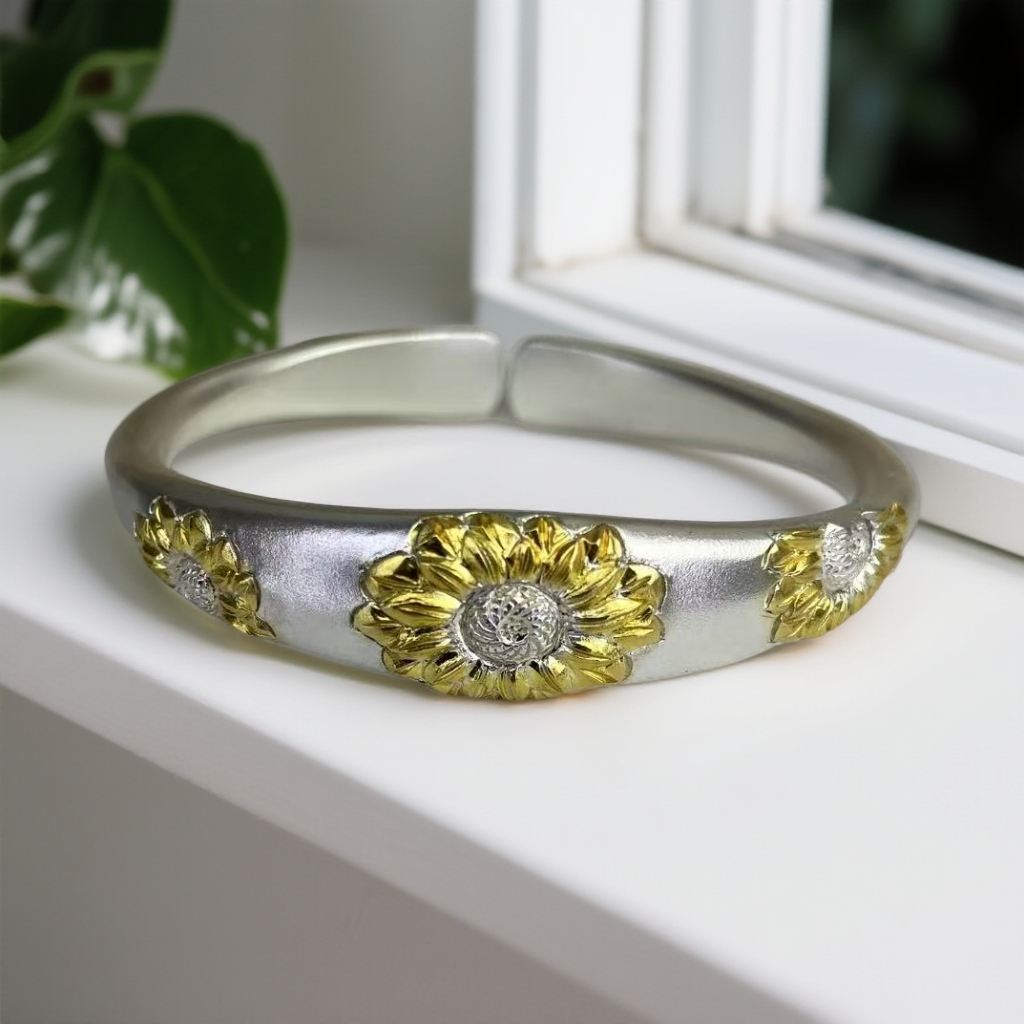 足银手镯 足银手镯 向日葵纯手工浮雕新中式实心民族风百搭银镯
