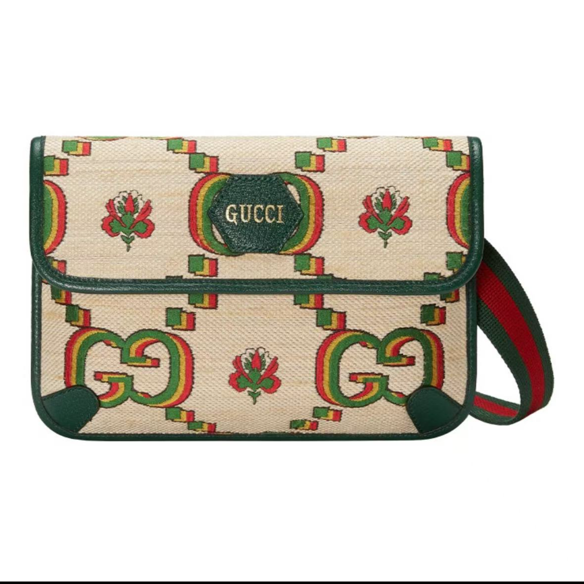 95新 GUCCI/古驰 古驰老花Logo条纹织带花卉 提花面料 胸包/U23