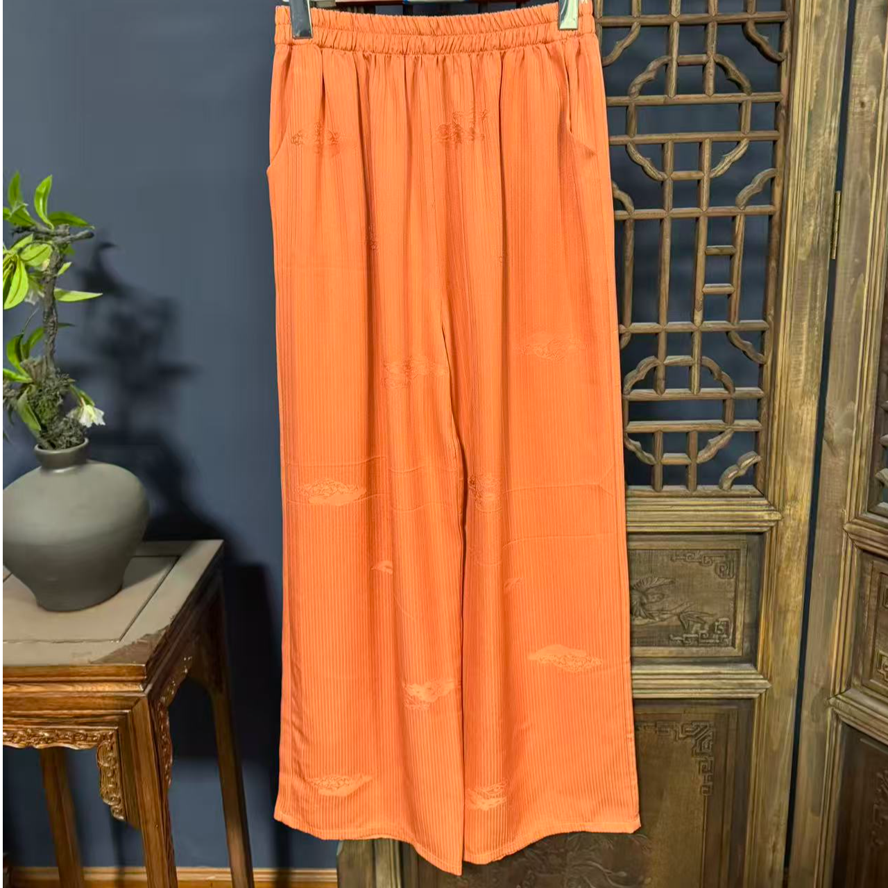 秋季新款简约百搭宽松桑蚕丝直筒长裤女Z353