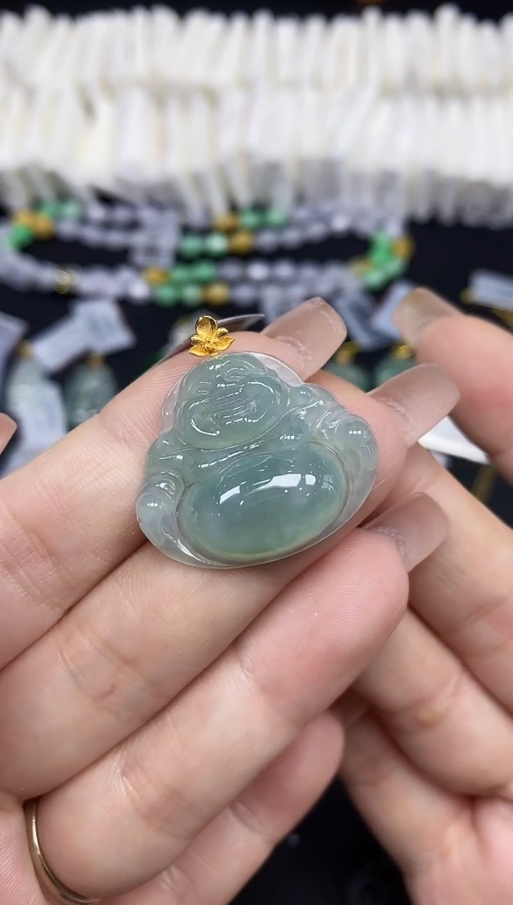吊坠(不含链)18K金镶嵌翡翠佛公18K金扣镶嵌@@CMT1101-1