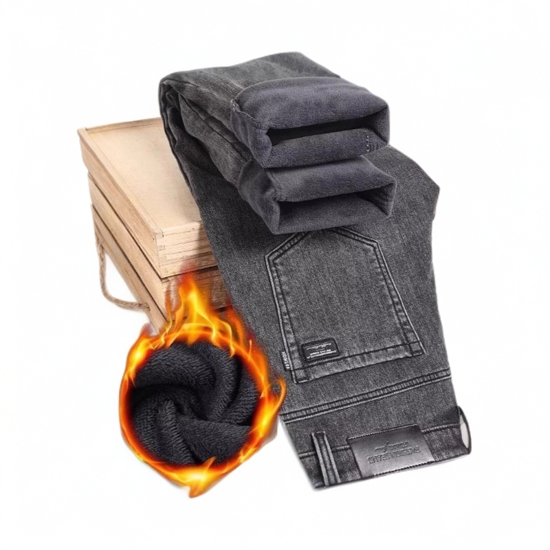 男士冬季弹力加绒牛仔裤男加厚宽松大码直筒中年保暖带绒男裤子秋