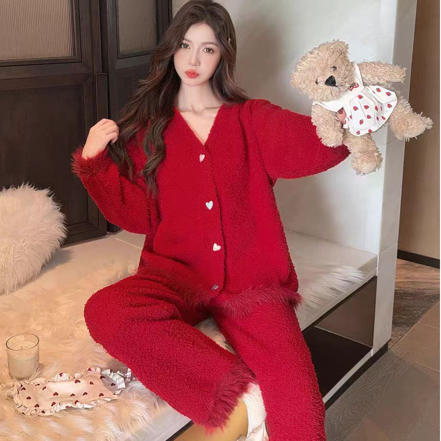 【彭裳裳专属】冬季保暖睡衣V领长袖甜美爱心扣扣可外穿家居服套装