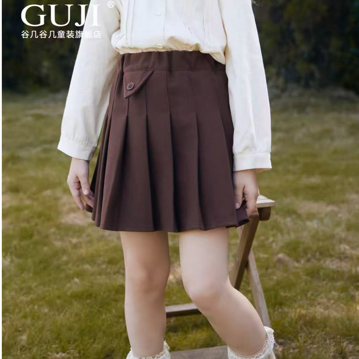 女童纯色百褶裙半身裙秋季纽扣新款儿童运动短裙小女孩洋气连衣裙