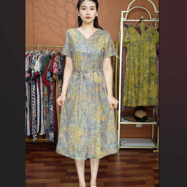 【琉璃蓝金】2025夏季妈妈装气质短袖连衣裙洋气中老年女装宽松长裙